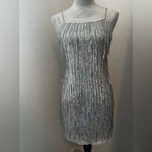 TRIXXI Clothing Company Silver Sequin Fringe Dress Size M
NWT